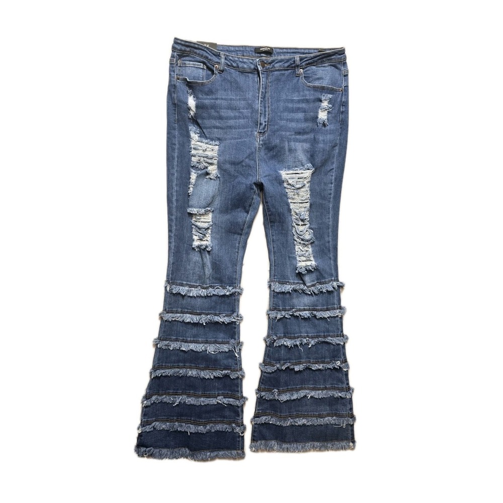 American Bazi Women's Jeans Hi-rise Layered Blue Flare 3X New